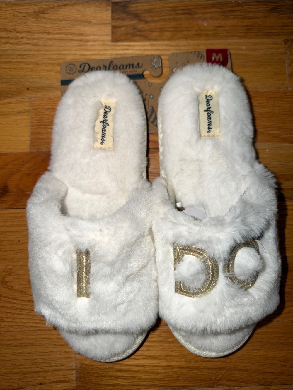 “I Do” Cream Faux Fur Slip-On Slippers with Gold Lettering